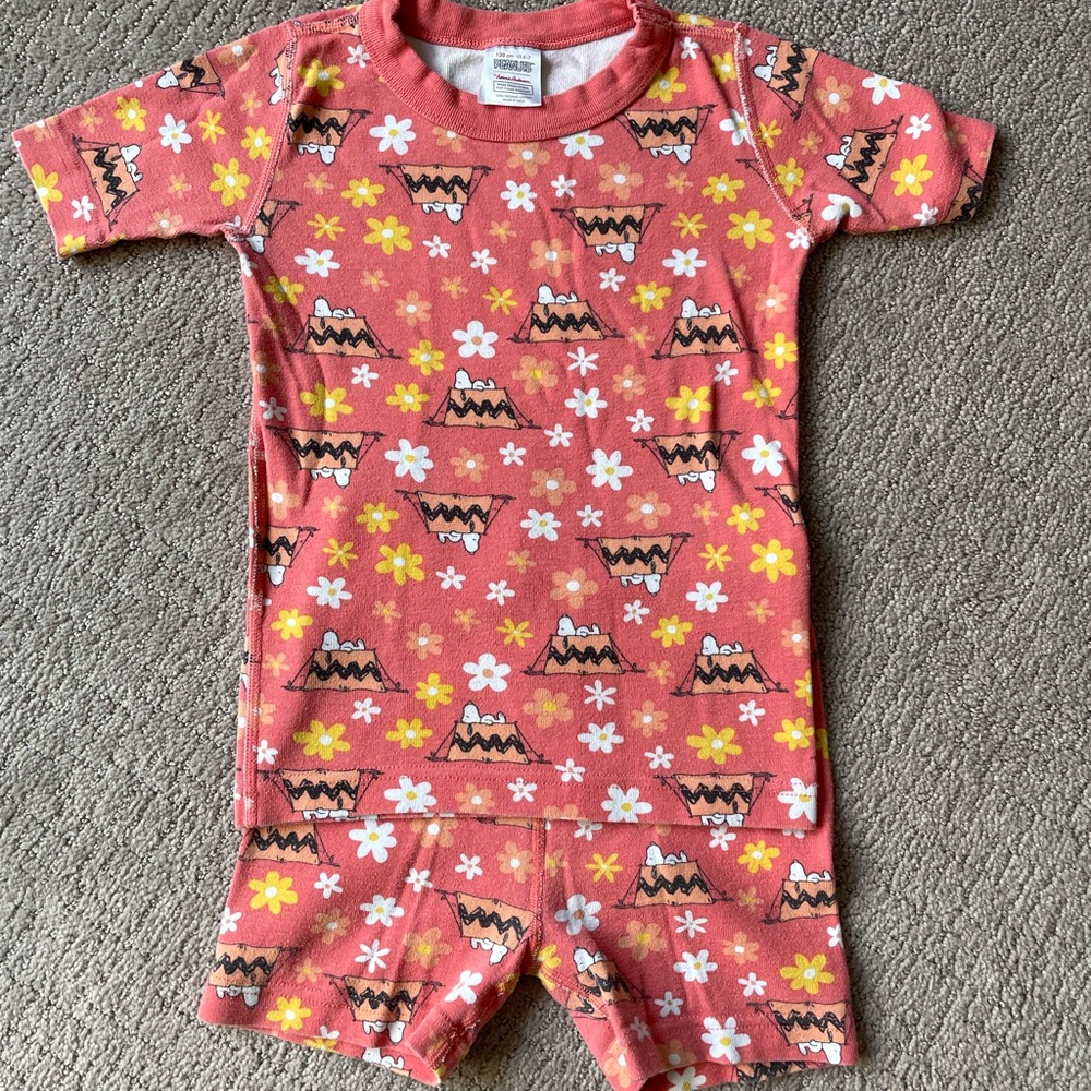 Hanna Andersson Kids Peanuts Snoopy Orange Short Jams Pajama Set Sz 6-7
